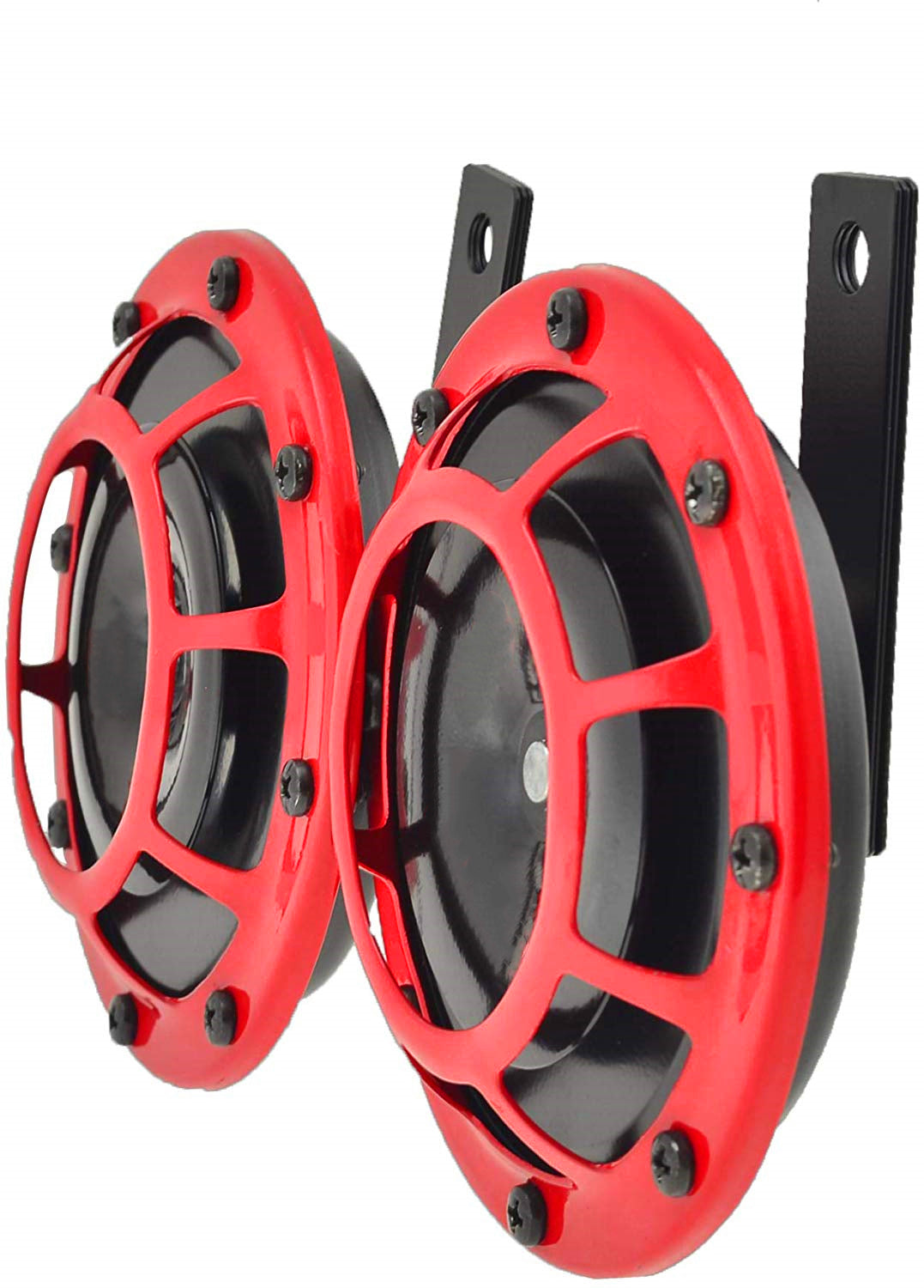 YONEDA Electric Grill Mount Car Horns 12V Premium Quality Dual Supertone Horns Red Protective Grills Electric Loud Car Horn Kit High and Low Tone Twin Disc Horns Weather Resistant Horn Replace