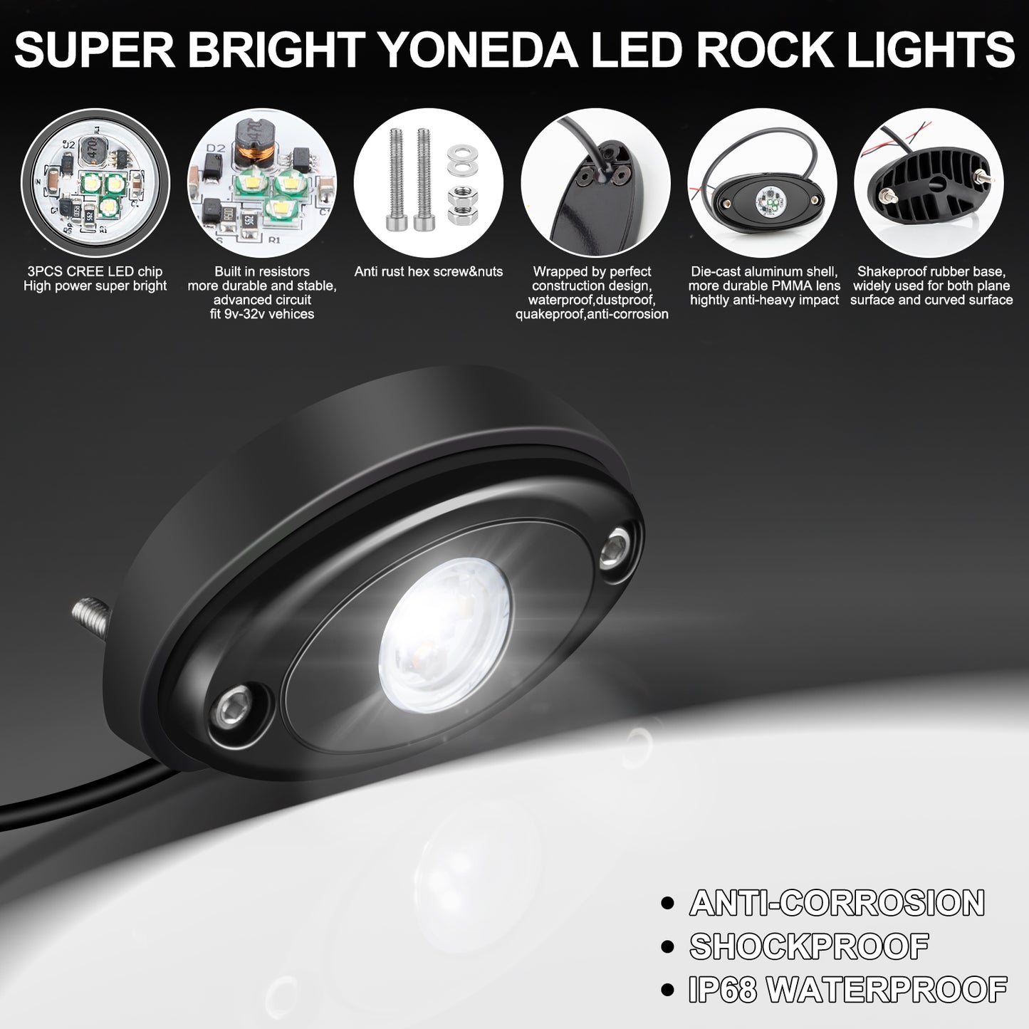 YONEDA White Rock Lights UltraBright LED 4PODS Waterproof Underglow Lights for Car Truck ATV UTV SUV Offroad Boat Underbody Glow Trail Rig Lamp